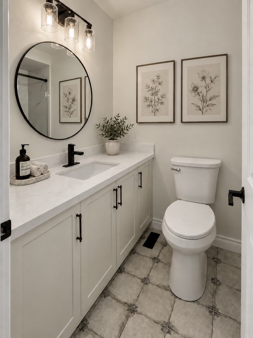 White shaker vanity with a round mirror and black accents, Brampton