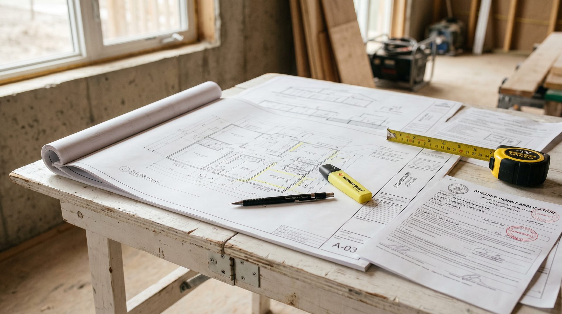 Architectural drawings and permit on a table