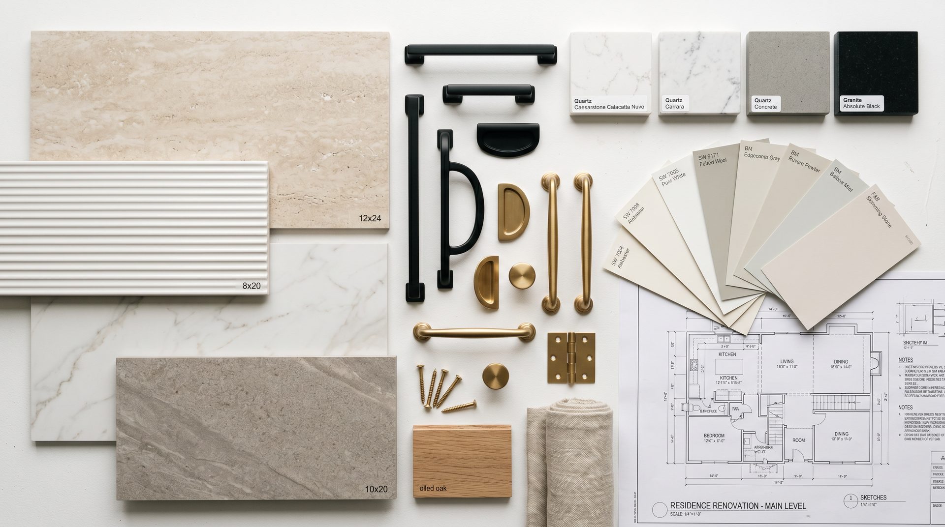 Interior design material selections — tile samples and finish boards