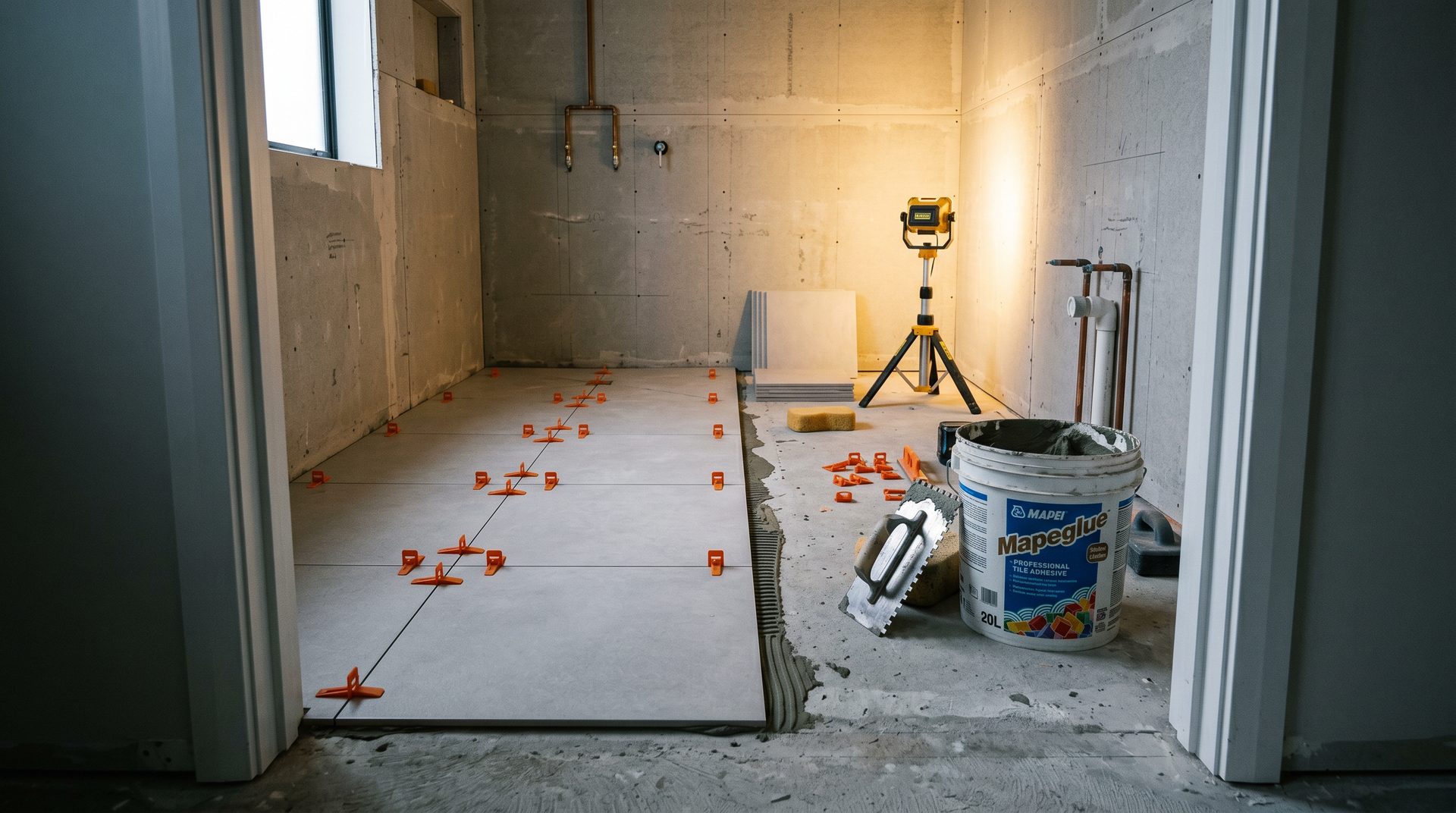 Active tidy renovation jobsite, tile installation in progress