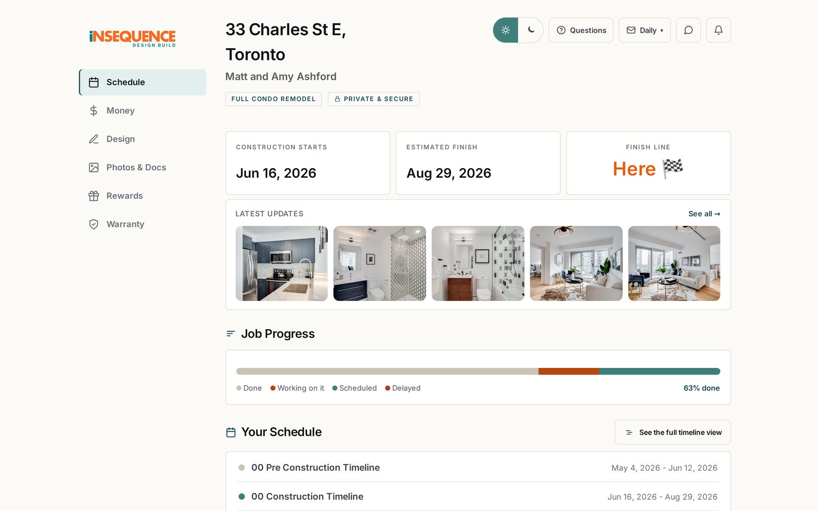 Sample iNSEQUENCE client portal on a laptop: dates, latest photos, job progress and schedule