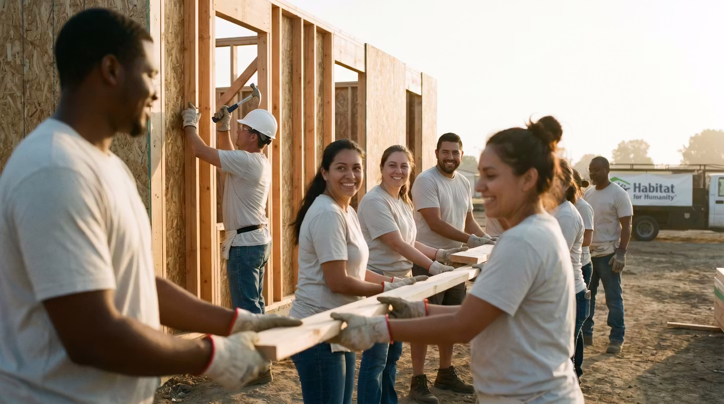 Habitat for Humanity volunteers building a home